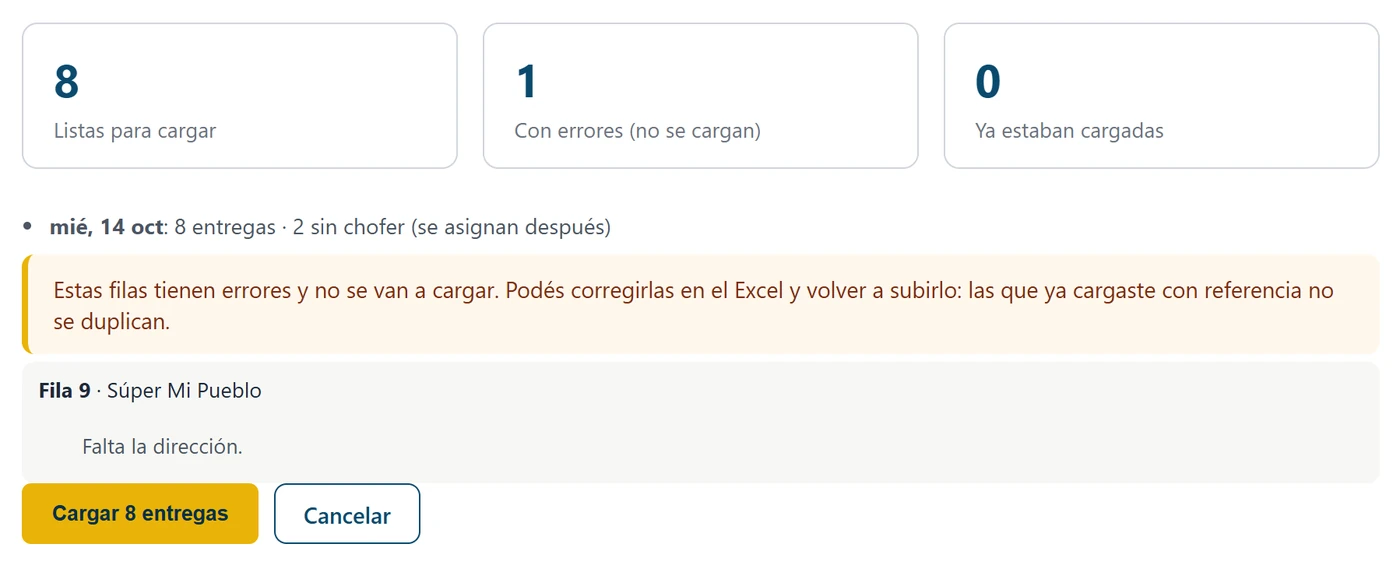 Pantalla de carga: 8 pedidos listos y 1 con un error marcado antes de guardar