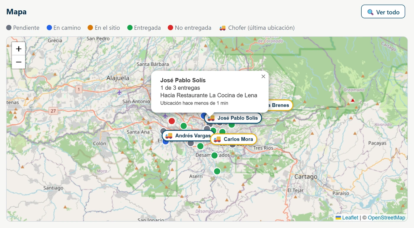 Seguimiento en vivo: mapa con la ubicación de cada chofer y el estado de las entregas